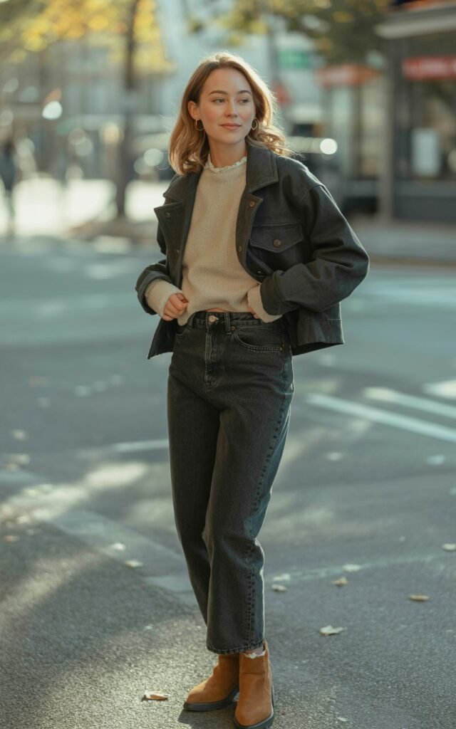 A natural-looking young woman wearing a cropped jacket paired with high-waisted jeans and boots. Theme cold weather outfits