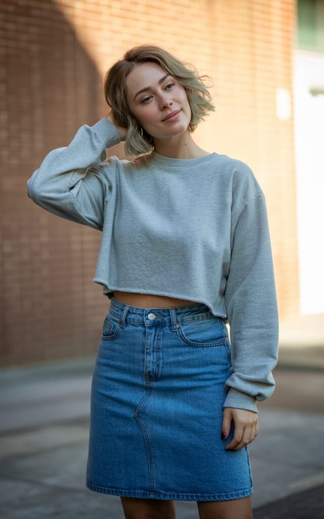 A natural-looking young woman wearing a cropped sweatshirt paired with a mid-length jean skirt. Theme jean skirt outfits