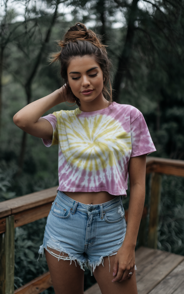 A natural-looking young woman wearing a cropped tee styled with high-waisted denim shorts. Theme cute summer outfits