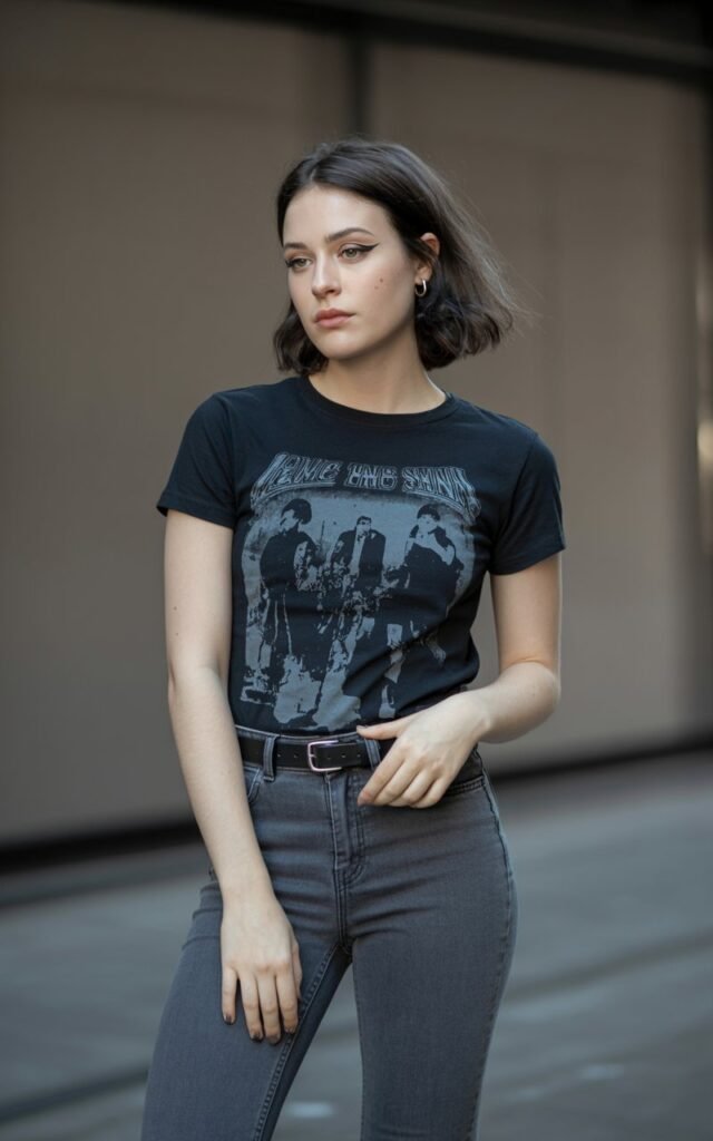 A natural-looking young woman wearing a dark graphic tee tucked into high-waisted pants. Theme emo outfits
