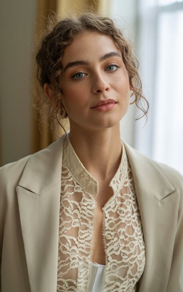 A natural-looking young woman wearing a delicate lace top layered under a neutral-toned suit. Theme Lace Tops and Outfits