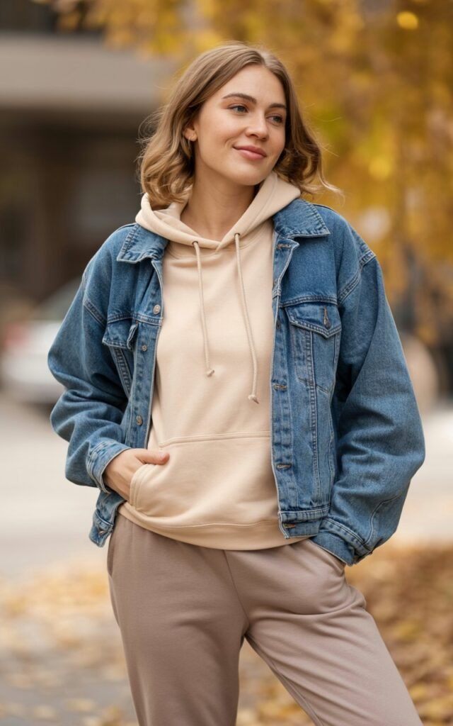 A natural-looking young woman wearing a denim jacket layered over a cozy hoodie with joggers. Theme casual fall outfits