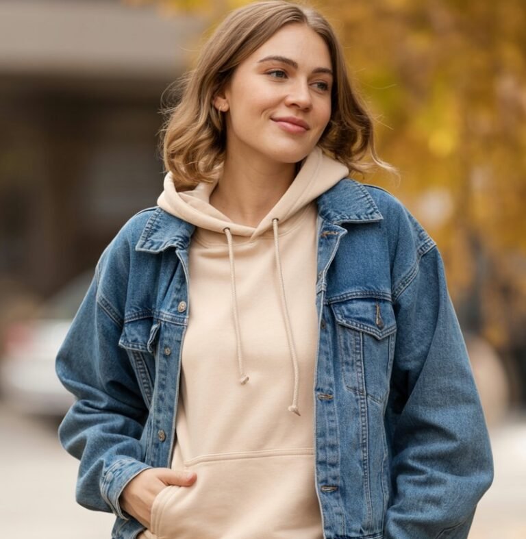A natural-looking young woman wearing a denim jacket layered over a cozy hoodie with joggers. Theme casual fall outfits