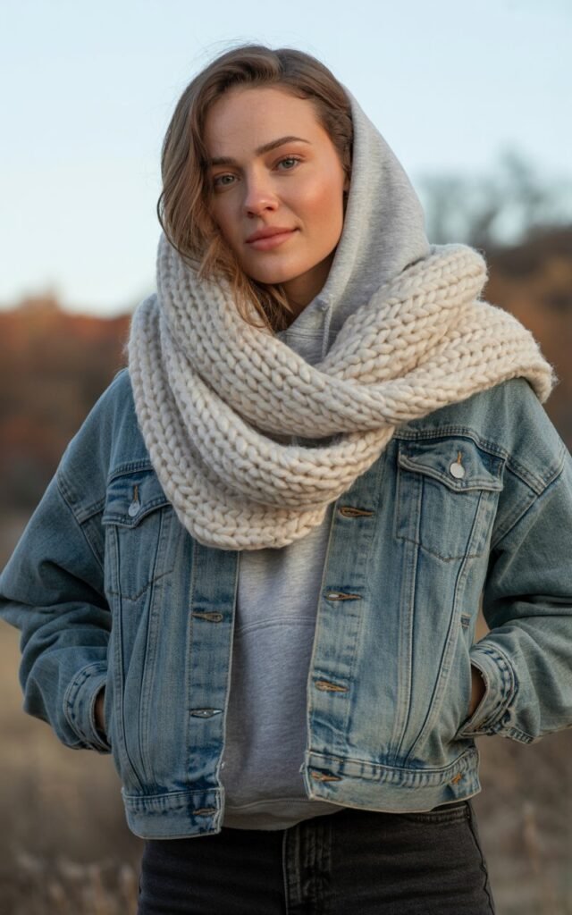 A natural-looking young woman wearing a denim jacket layered over a hoodie with a scarf and jeans. Theme cold weather outfits