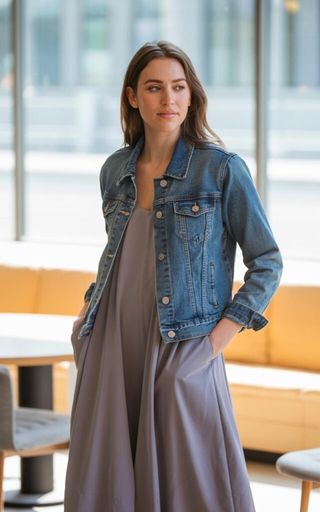 A natural-looking young woman wearing a denim jacket layered over a midi dress. Theme business casual outfits