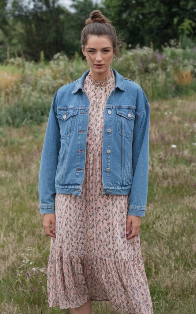 A natural-looking young woman wearing a denim jacket layered over a midi dress. Theme fashion inspo outfits