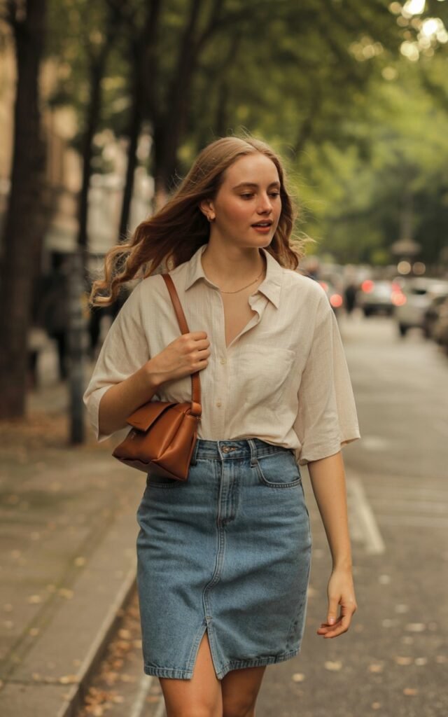 A natural-looking young woman wearing a denim skirt outfit finished with a small shoulder or baguette bag. Theme jean skirt outfits