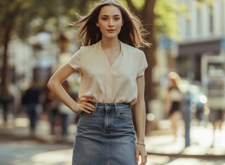 A natural-looking young woman wearing a denim skirt styled with pointed-toe flats or low heels. Theme: jean skirt outfits