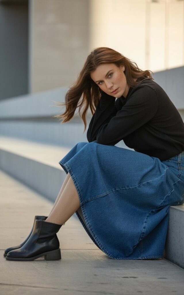 A natural-looking young woman wearing a denim skirt styled with sleek ankle boots. Theme jean skirt outfits