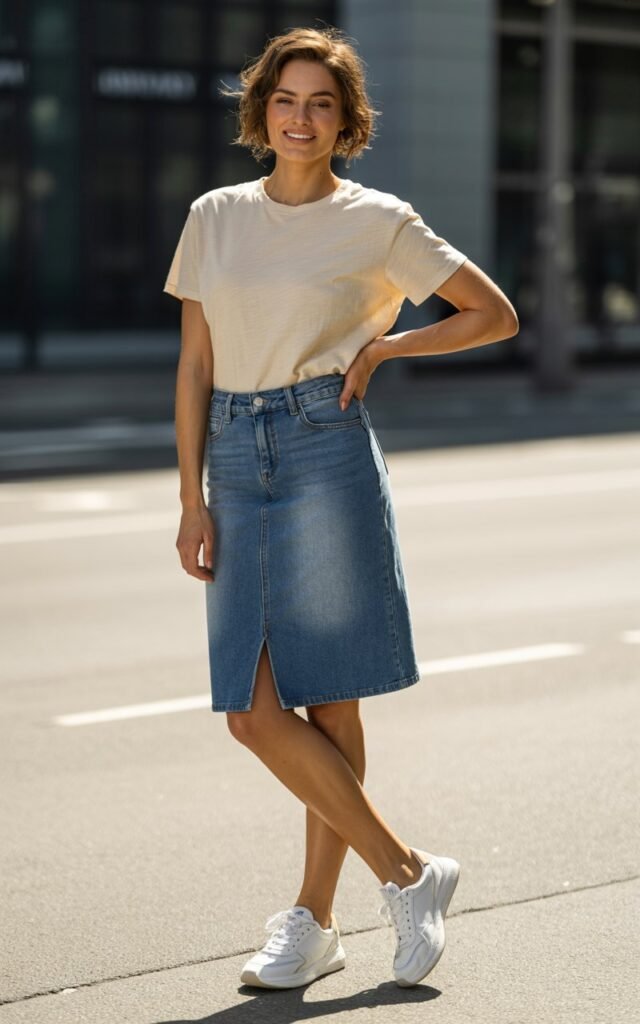 A natural-looking young woman wearing a denim skirt styled with sleek modern sneakers. Theme jean skirt outfits