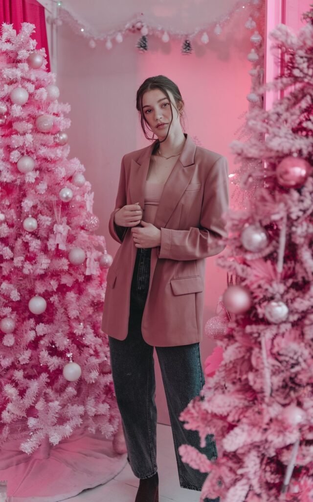 A natural-looking young woman wearing a dusty rose blazer paired with dark denim jeans and ankle boots. Theme pink christmas outfit