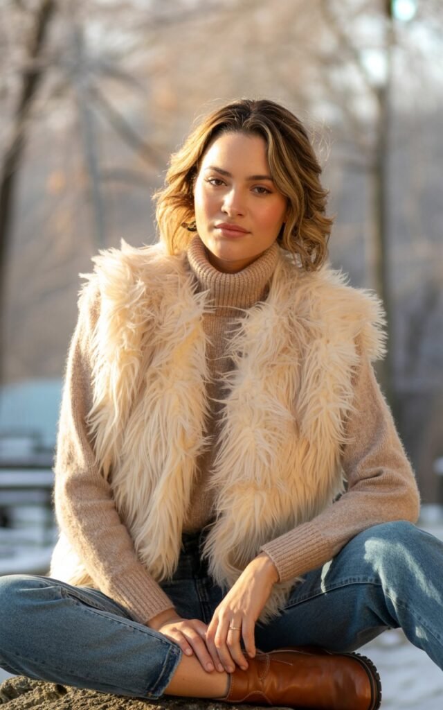A natural-looking young woman wearing a faux fur vest over a sweater and jeans. Theme winter fashion outfits