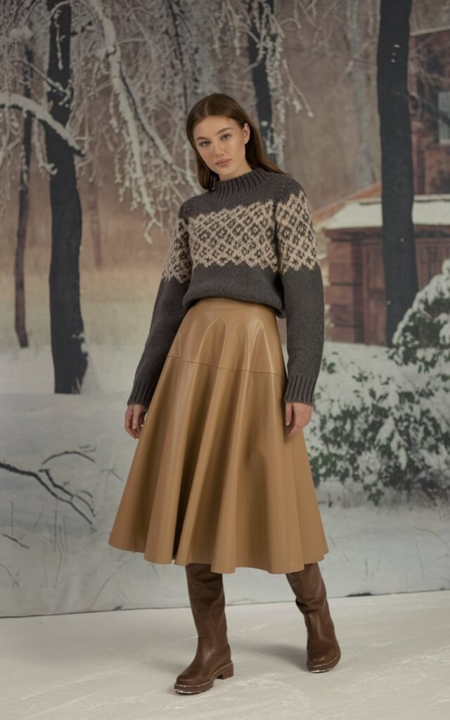 A natural-looking young woman wearing a feminine midi skirt paired with a structured winter sweater and boots. Theme winter fashion outfits 