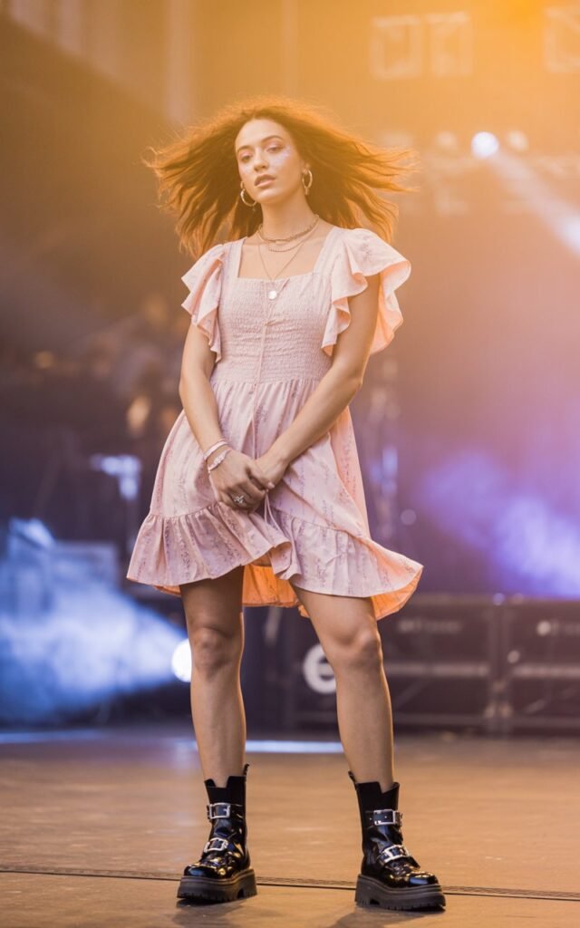 A natural-looking young woman wearing a feminine ruffle dress paired with chunky combat boots. Theme eras tour outfits