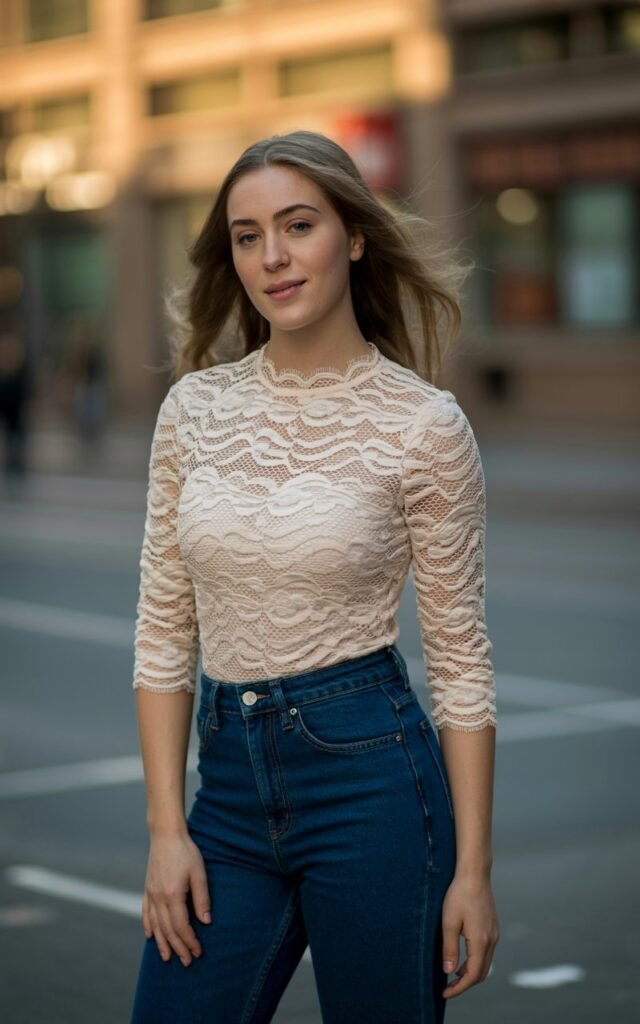 A natural-looking young woman wearing a fitted lace top paired with dark denim jeans for a date-night look. Theme Lace Tops and Outfits