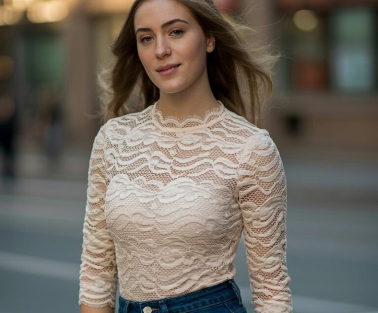 A natural-looking young woman wearing a fitted lace top paired with dark denim jeans for a date-night look. Theme Lace Tops and Outfits