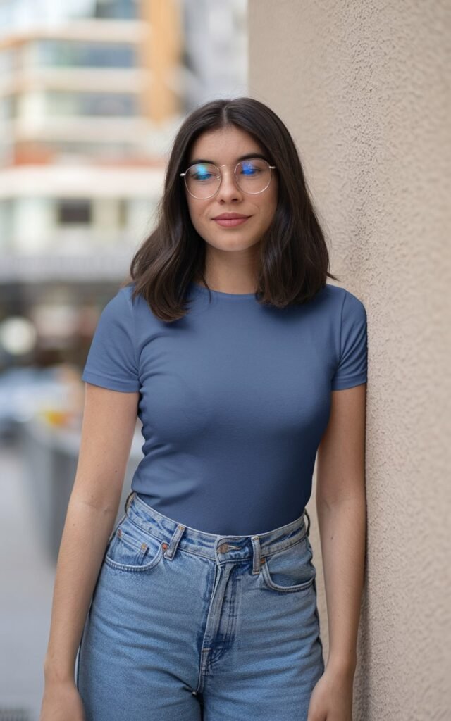 A natural-looking young woman wearing a fitted tee paired with relaxed jeans. Theme fashion inspo outfits