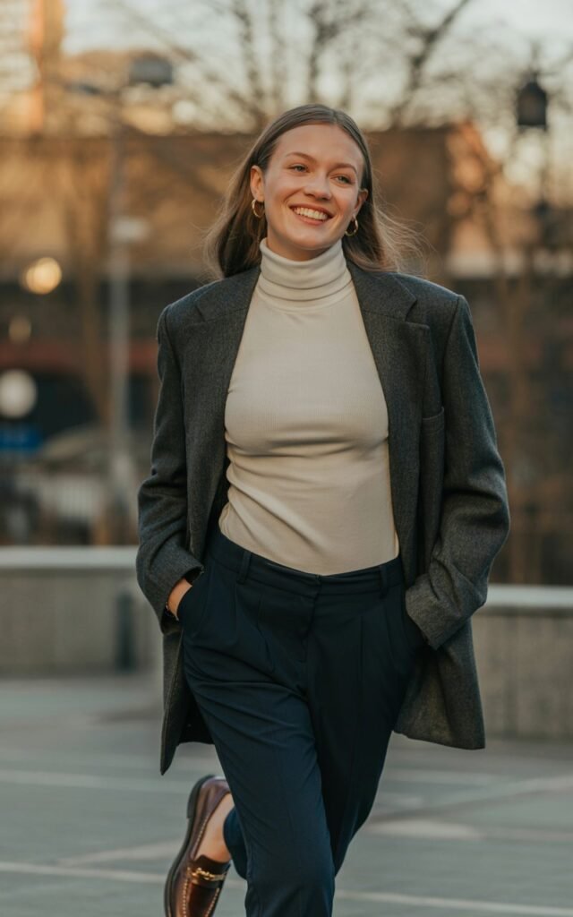 A natural-looking young woman wearing a fitted turtleneck under a tailored blazer with trousers and loafers. Theme cold weather outfits