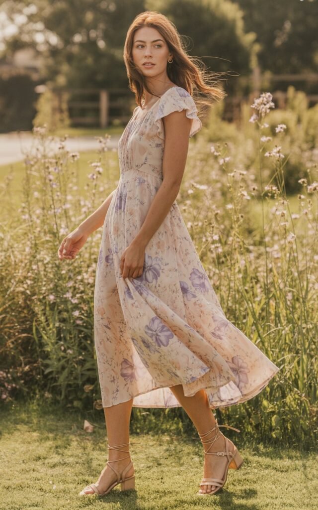 A natural-looking young woman wearing a flowy floral sundress paired with delicate sandals. Theme girly summer outfits