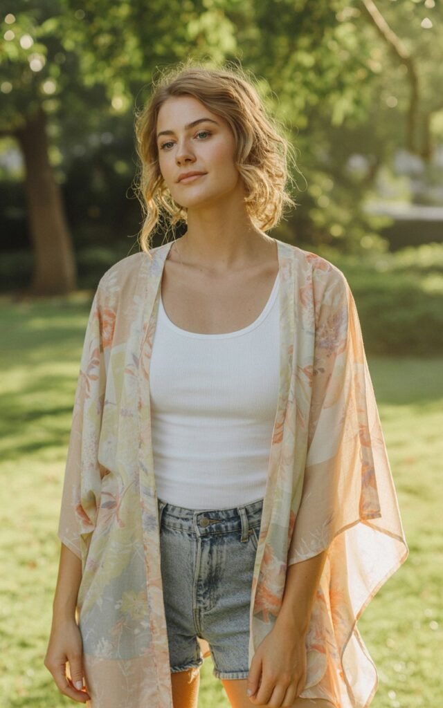 A natural-looking young woman wearing a flowy kimono layered over a simple tank and shorts. Theme cute summer outfits