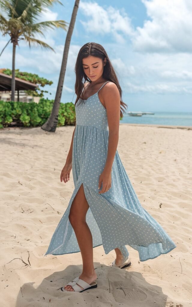 A natural-looking young woman wearing a flowy maxi dress with a side slit. Theme beach outfits