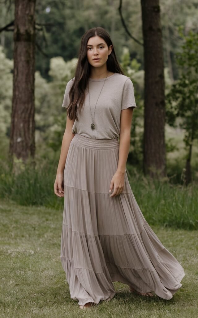 A natural-looking young woman wearing a flowy maxi skirt paired with a simple tee. Theme fashion inspo outfits