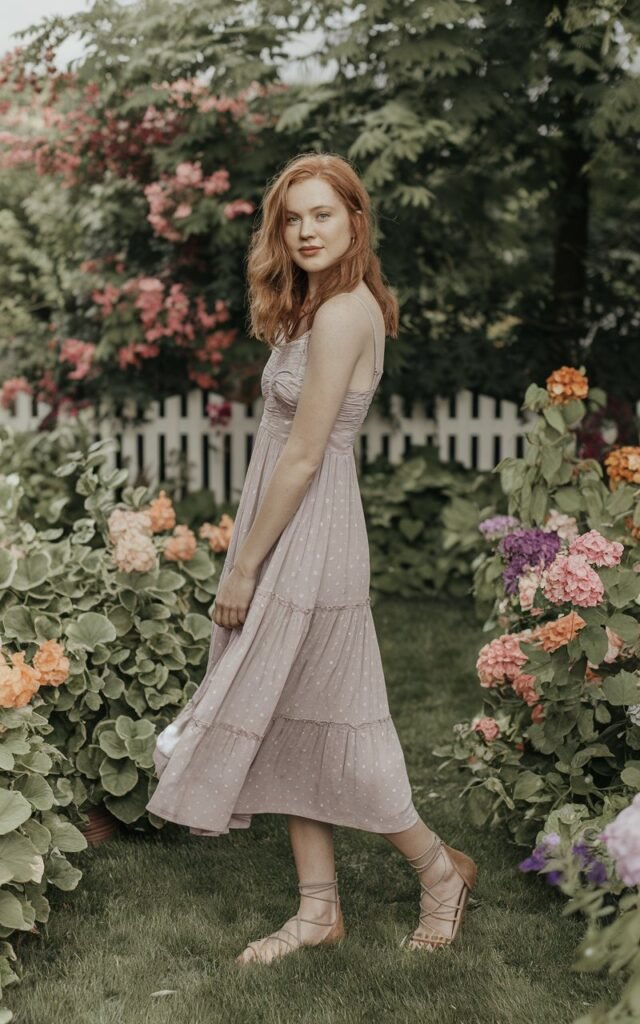 A natural-looking young woman wearing a flowy sundress paired with strappy sandals. Theme cute summer outfits