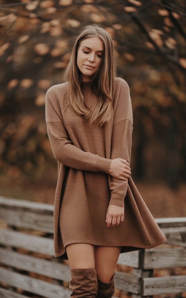 A natural-looking young woman wearing a flowy sweater dress styled with knee-high boots. Theme thanksgiving outfit