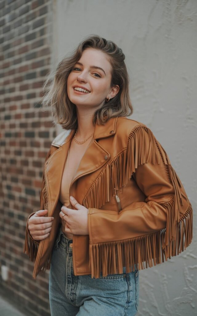 A natural-looking young woman wearing a fringed or tassel jacket. Theme quirky fashion