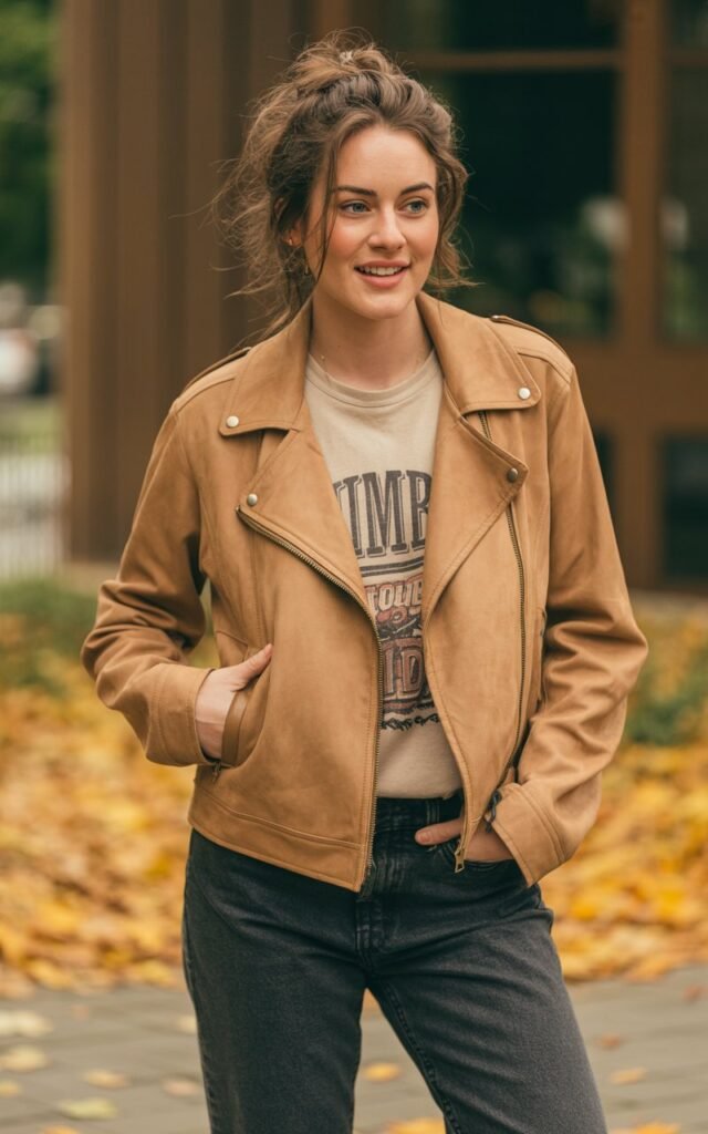 A natural-looking young woman wearing a graphic tee layered with a suede moto jacket and jeans. Theme casual fall outfits