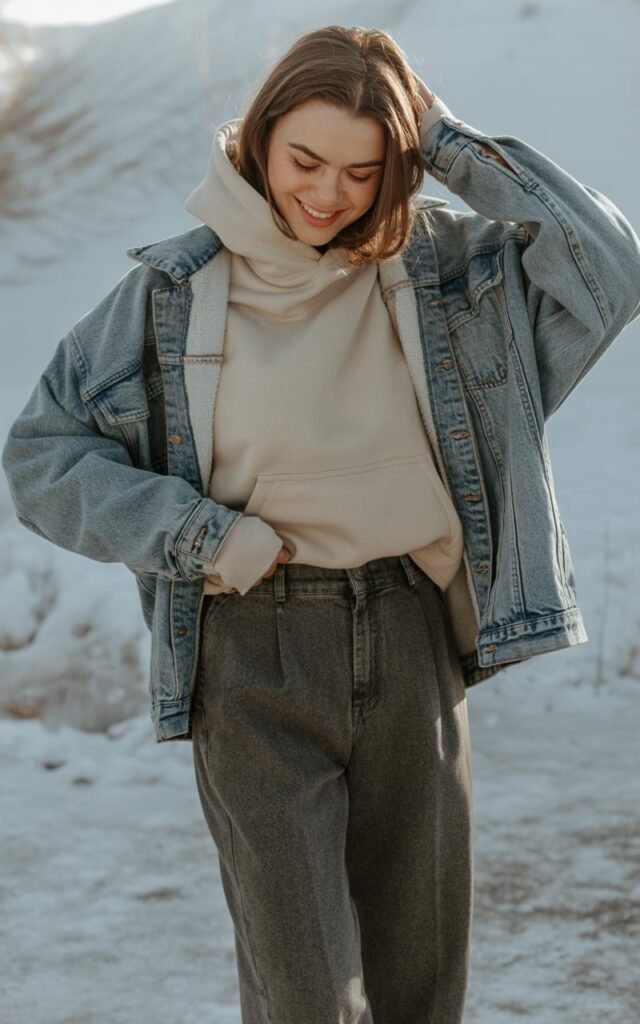 A natural-looking young woman wearing a hoodie layered under a denim jacket with wool trousers. Theme winter fashion outfits