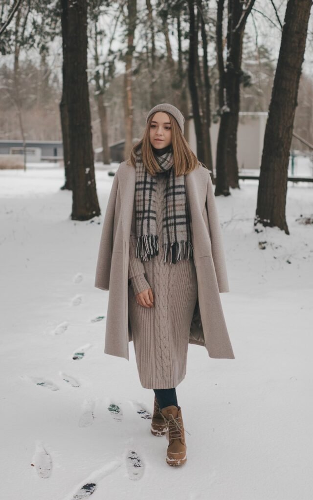 A natural-looking young woman wearing a knit sweater dress layered with a neutral wool coat and winter boots. Theme winter fashion outfits 