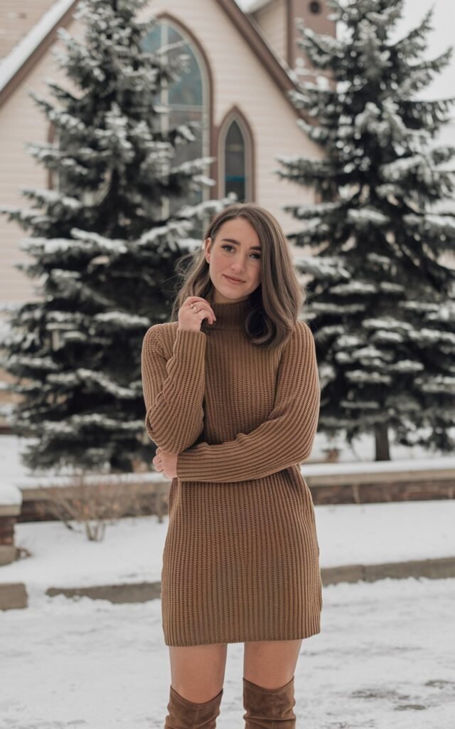 A natural-looking young woman wearing a knit sweater dress styled with knee-high boots. Theme church winter outfit