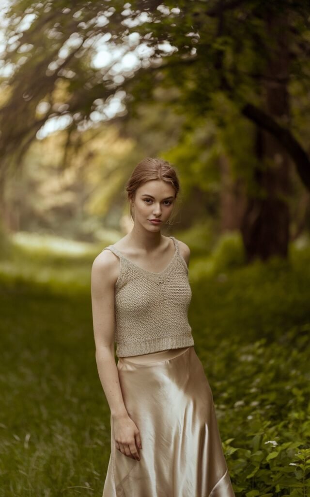 A natural-looking young woman wearing a knit top paired with a satin skirt. Theme fashion inspo outfits