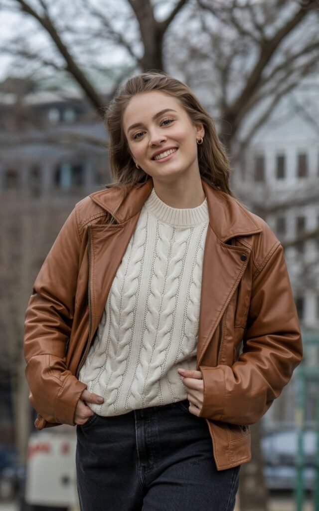 A natural-looking young woman wearing a leather jacket layered over a soft knit with dark jeans. Theme cold weather outfits