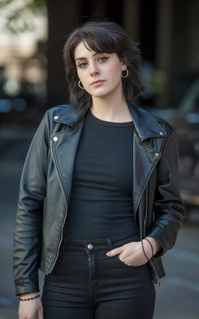 A natural-looking young woman wearing a leather jacket layered over an all-black outfit. Theme emo outfits