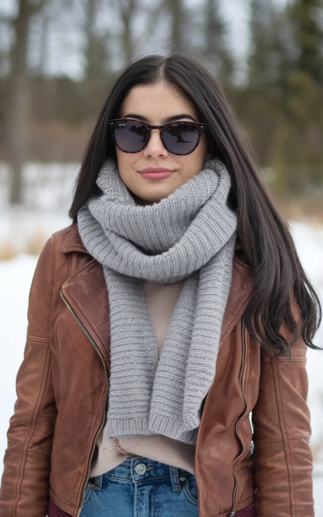 A natural-looking young woman wearing a leather jacket paired with a soft cashmere scarf and classic denim. Theme winter fashion outfits 