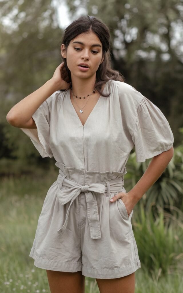 A natural-looking young woman wearing a light cotton blouse styled with paperbag waist shorts. Theme girly summer outfits