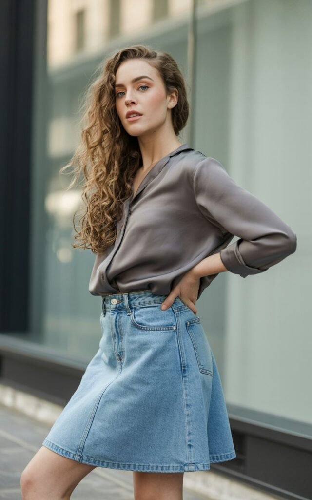 A natural-looking young woman wearing a light-wash denim skirt paired with a darker polished top. Theme jean skirt outfits