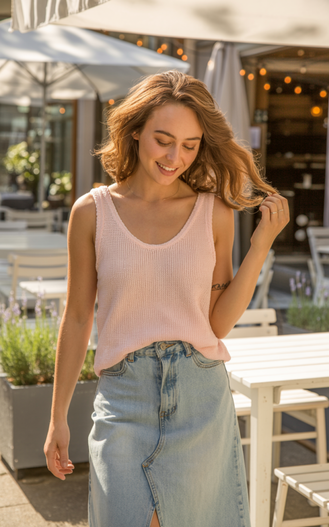 A natural-looking young woman wearing a lightweight knit tank paired with a denim midi skirt. Theme cute summer outfits