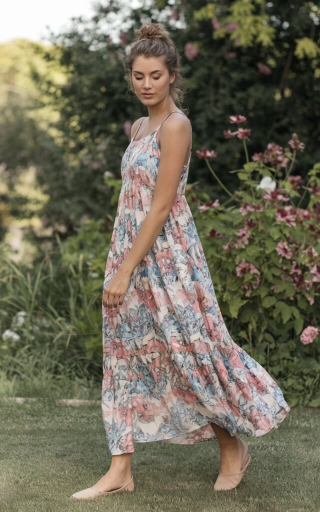 A natural-looking young woman wearing a lightweight maxi dress paired with comfortable flats. Theme girly summer outfits