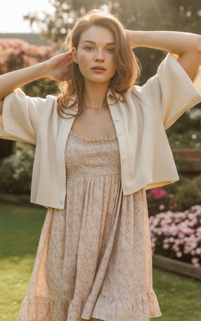 A natural-looking young woman wearing a lightweight summer dress layered with a cropped cardigan. Theme girly summer outfits