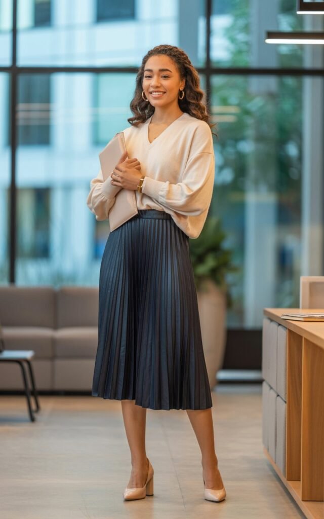 A natural-looking young woman wearing a lightweight sweater tucked into a pleated skirt. Theme business casual outfits