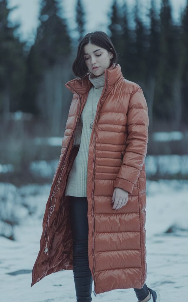 A natural-looking young woman wearing a long puffer coat styled with leggings and sleek sneakers. Theme winter fashion outfits 