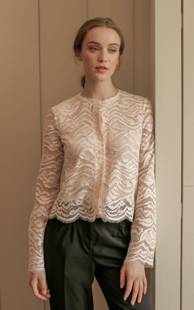 A natural-looking young woman wearing a long-sleeve lace blouse paired with classic black pants. Theme Lace Tops and Outfits