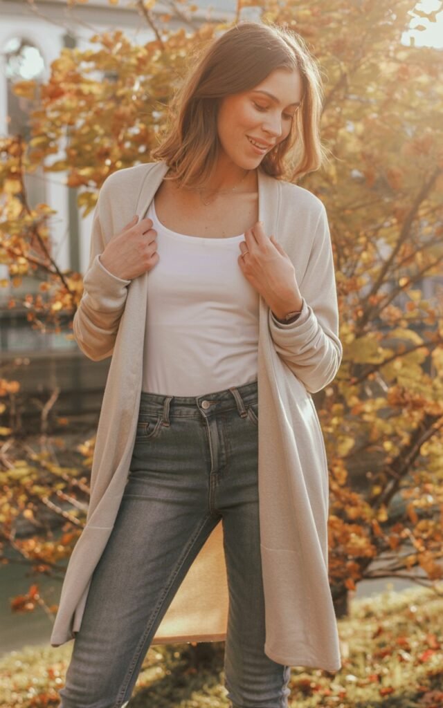 A natural-looking young woman wearing a longline cardigan over a basic tank with skinny jeans. Theme casual fall outfits
