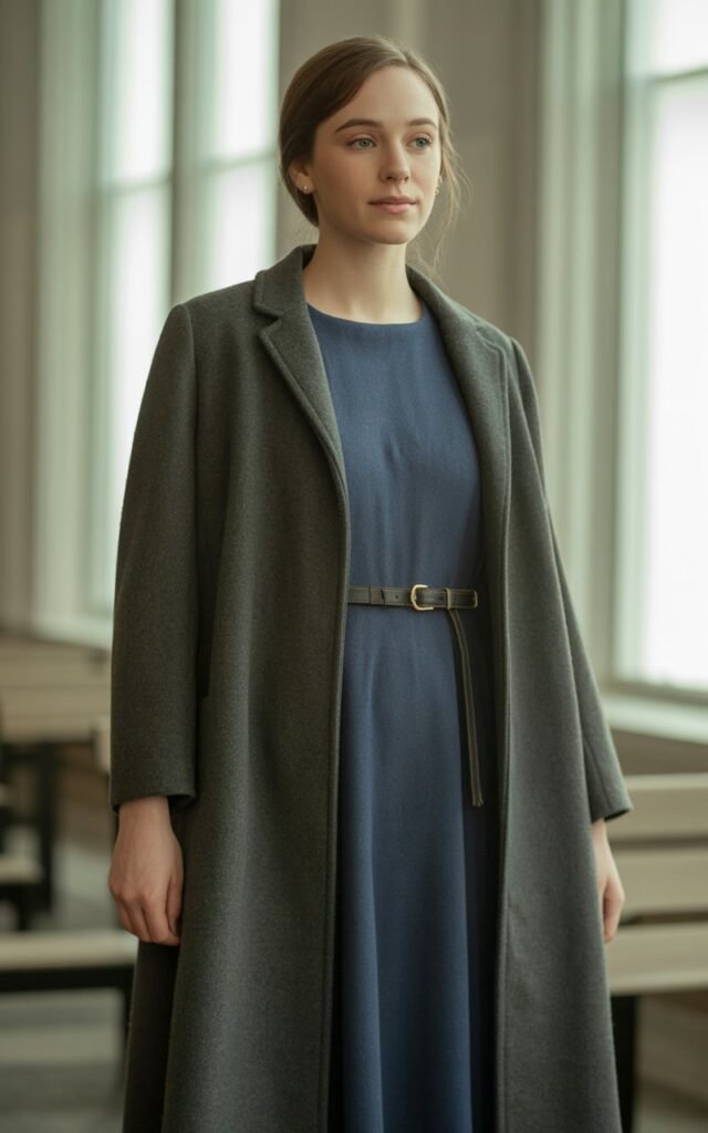 A natural-looking young woman wearing a longline wool coat cinched with a belt over a modest dress. Theme church winter outfit. Generate two different images using the same prompt.