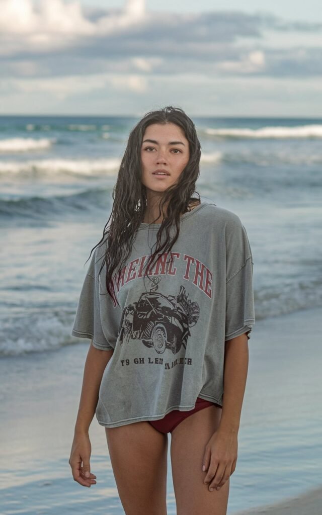 A natural-looking young woman wearing a loose graphic tee over a bikini bottom. Theme beach outfits