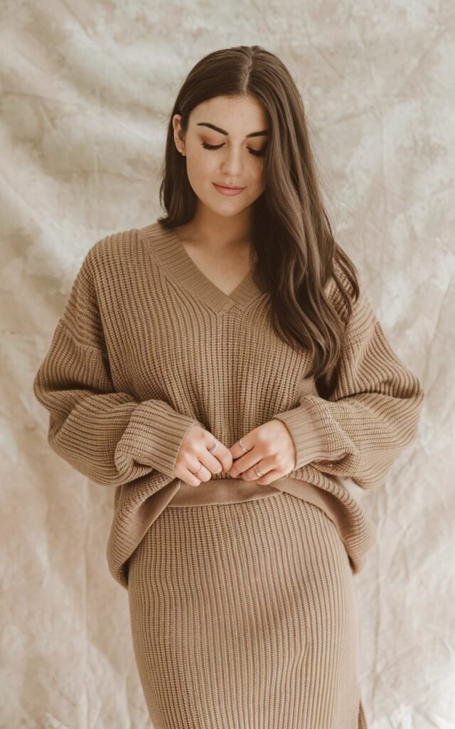 A natural-looking young woman wearing a matching knit set styled for an effortless look. Theme thanksgiving outfit