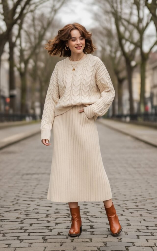 A natural-looking young woman wearing a matching knit set styled with ankle boots. Theme cold weather outfits